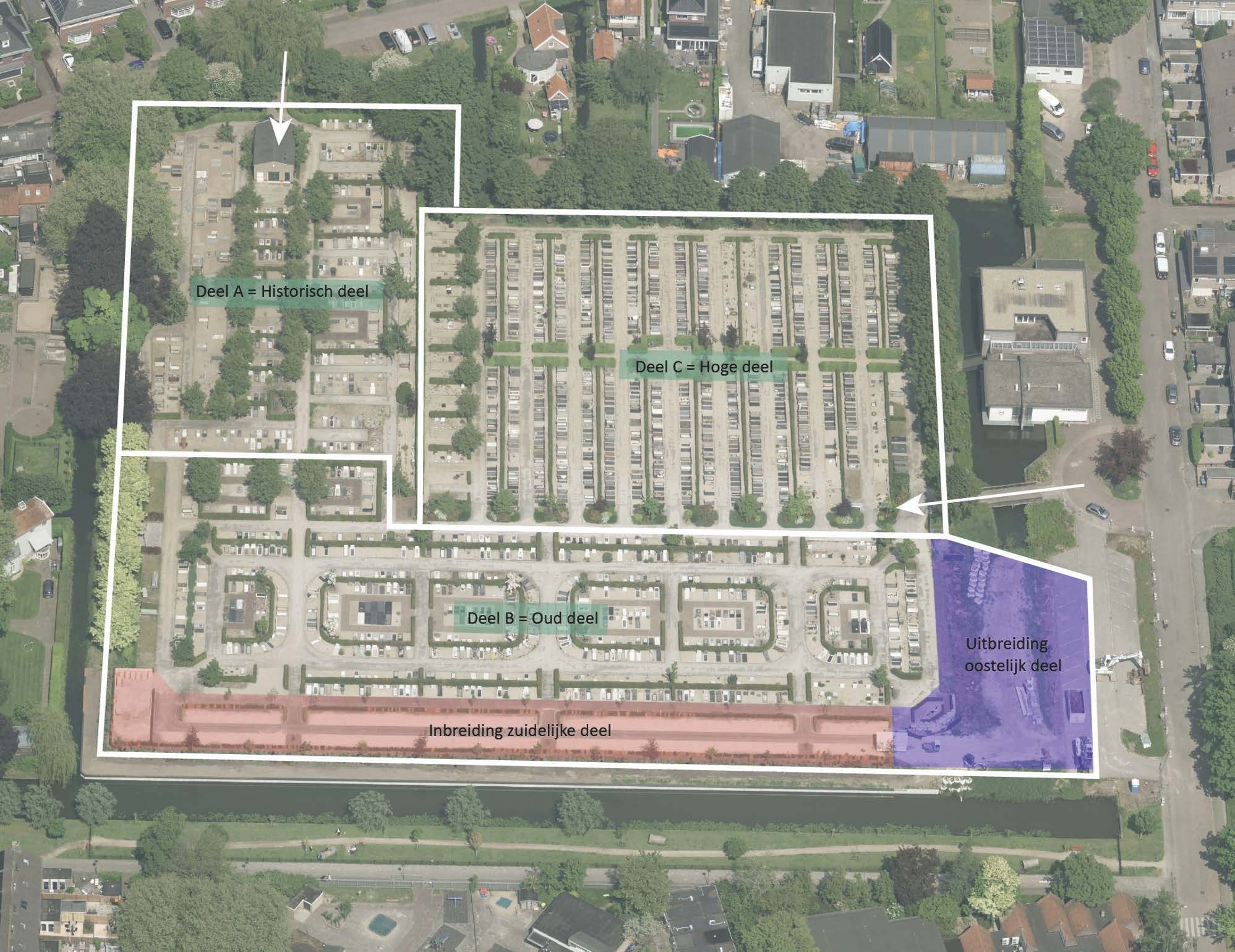 Overzicht begraafplaats met historisch, hoge en oud deel en uitbreiding aan zuidelijke en oostelijke zijde