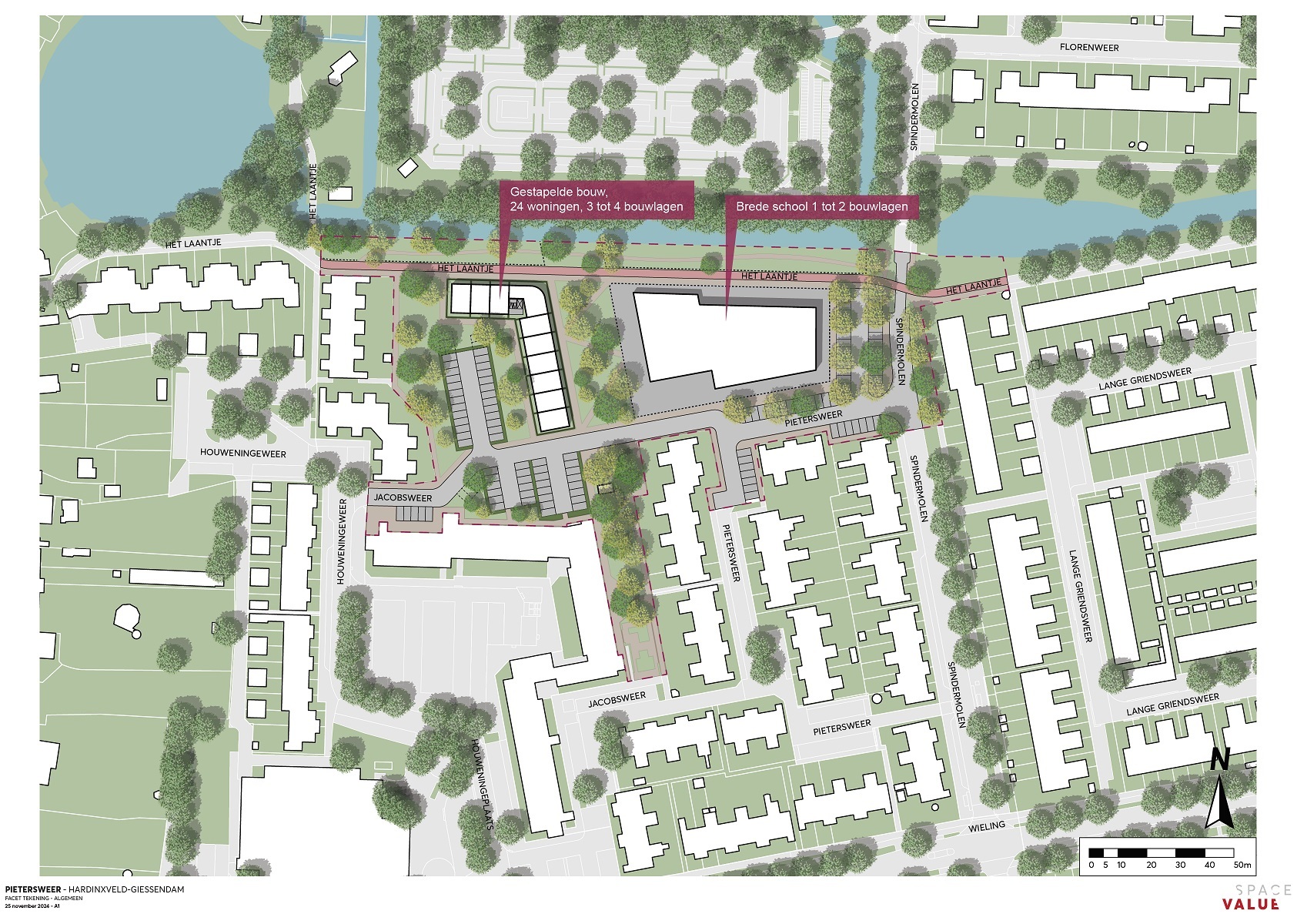Voorlopige schets gebouw, 3 of 4 etages hoog met 24 woningen. Daarnaast school met 1 of 2 etages. Gelegen tussen Het Laantje en Pietersweer.