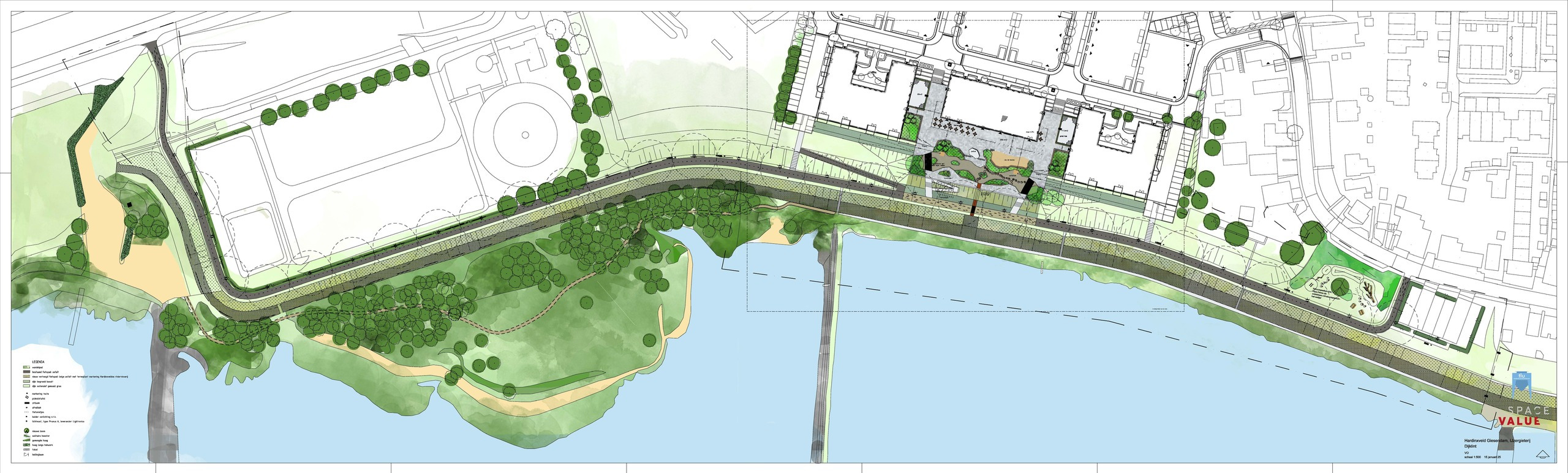 Ontwerp voor de inrichting van het 'Podium', zowel het plein voor de IJzergieterij als het dijklint tussen Tiendweg en Rivierdijk